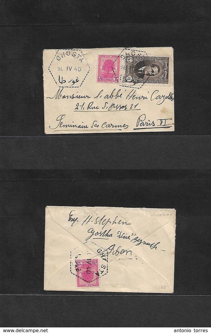 Lebanon. 1940 (10 April) Ghosta - France, Paris. Multifkd Env Front + Reverse, Tied Bilingual Hexagonal Ds. - Lebanon