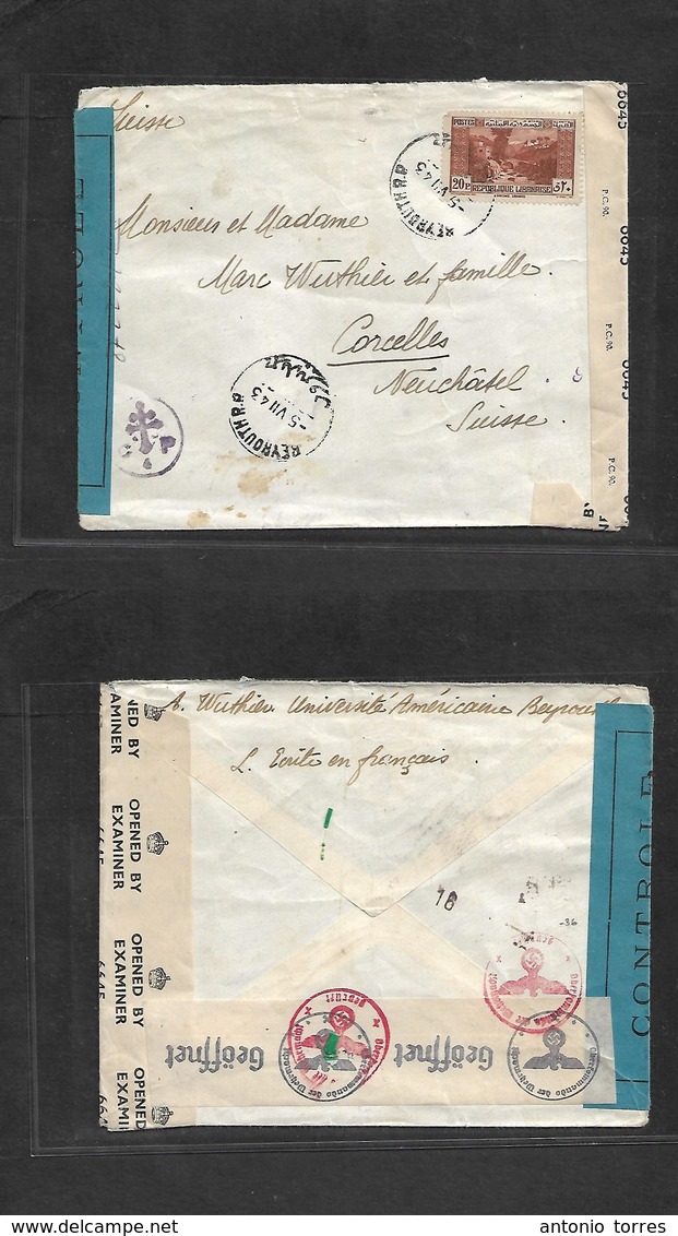 Lebanon. 1943 (5 July) Beyrouth - Switzerland, Corcelles. Single Fkd Envelope WWII Triple Censored Depart, British And N - Liban