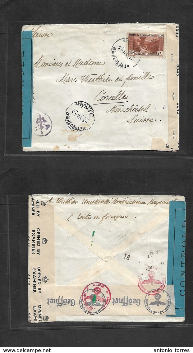 Lebanon. 1943 (5 July) Beyrouth - Switzerland, Corcelles. Single Fkd Envelope WWII Triple Censored Depart, British And N - Libanon