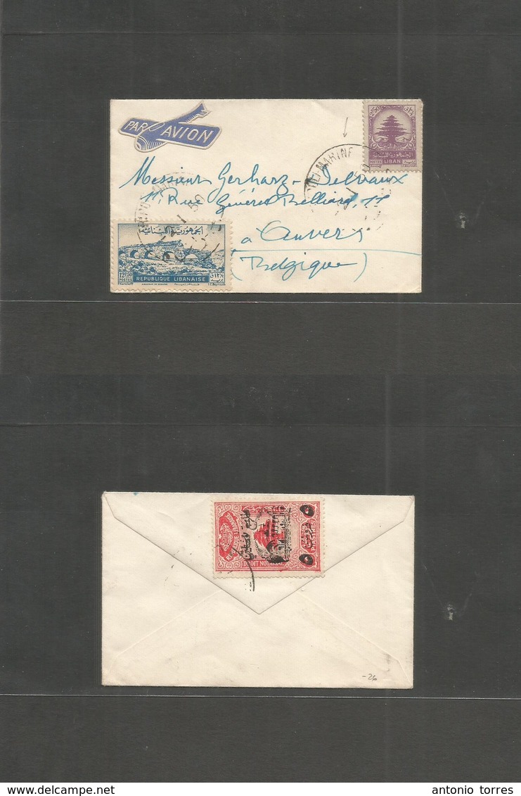 Lebanon. 1950 (2 Jan) Tripoli Marine - Belgium, Anvers. Air Multifkd + Reverse Tax Envelope. Fine. - Líbano