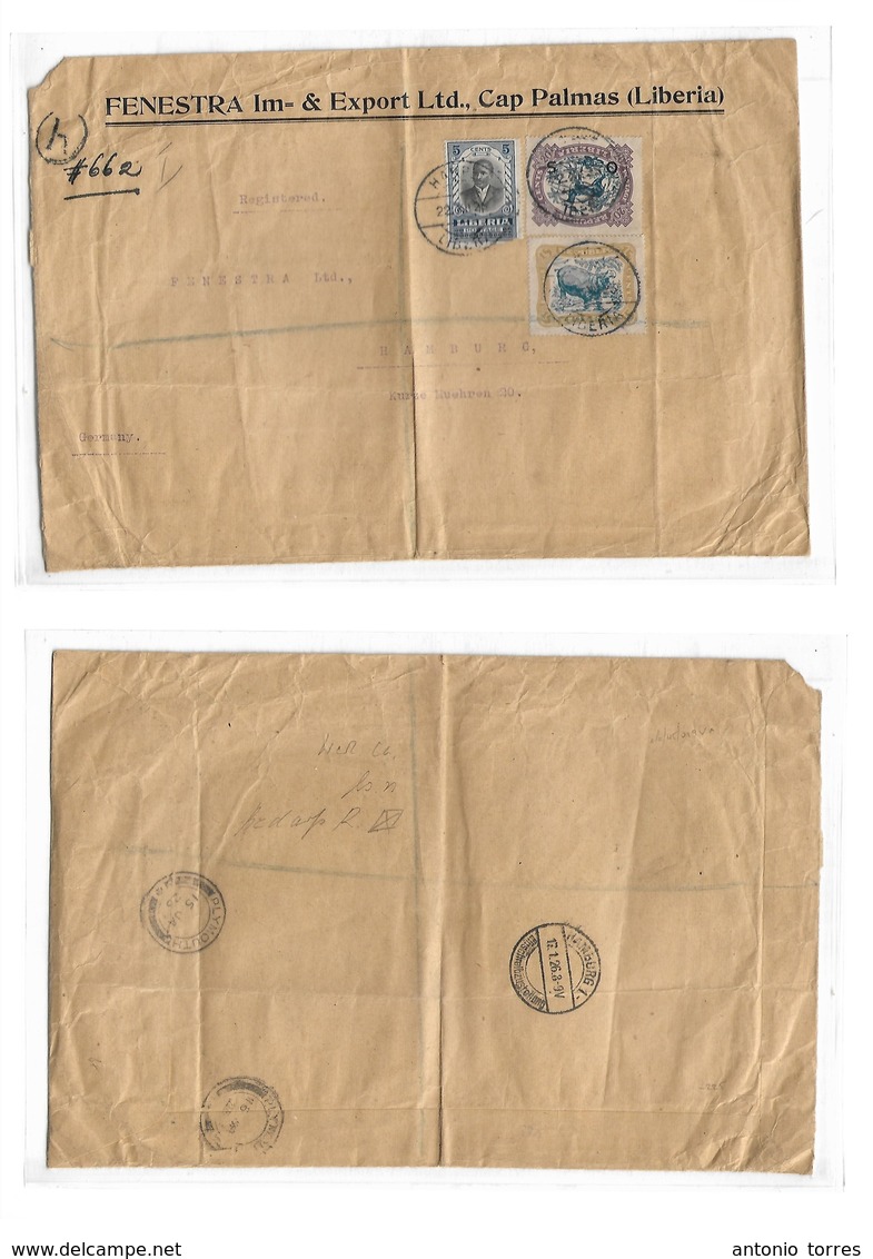 Liberia. 1925 (22 Dec) Harper - Germany, Hamburg (17 Jan 26) Registered Multifkd Comercial Envelope Incl Hippo + "OS" Ov - Liberia