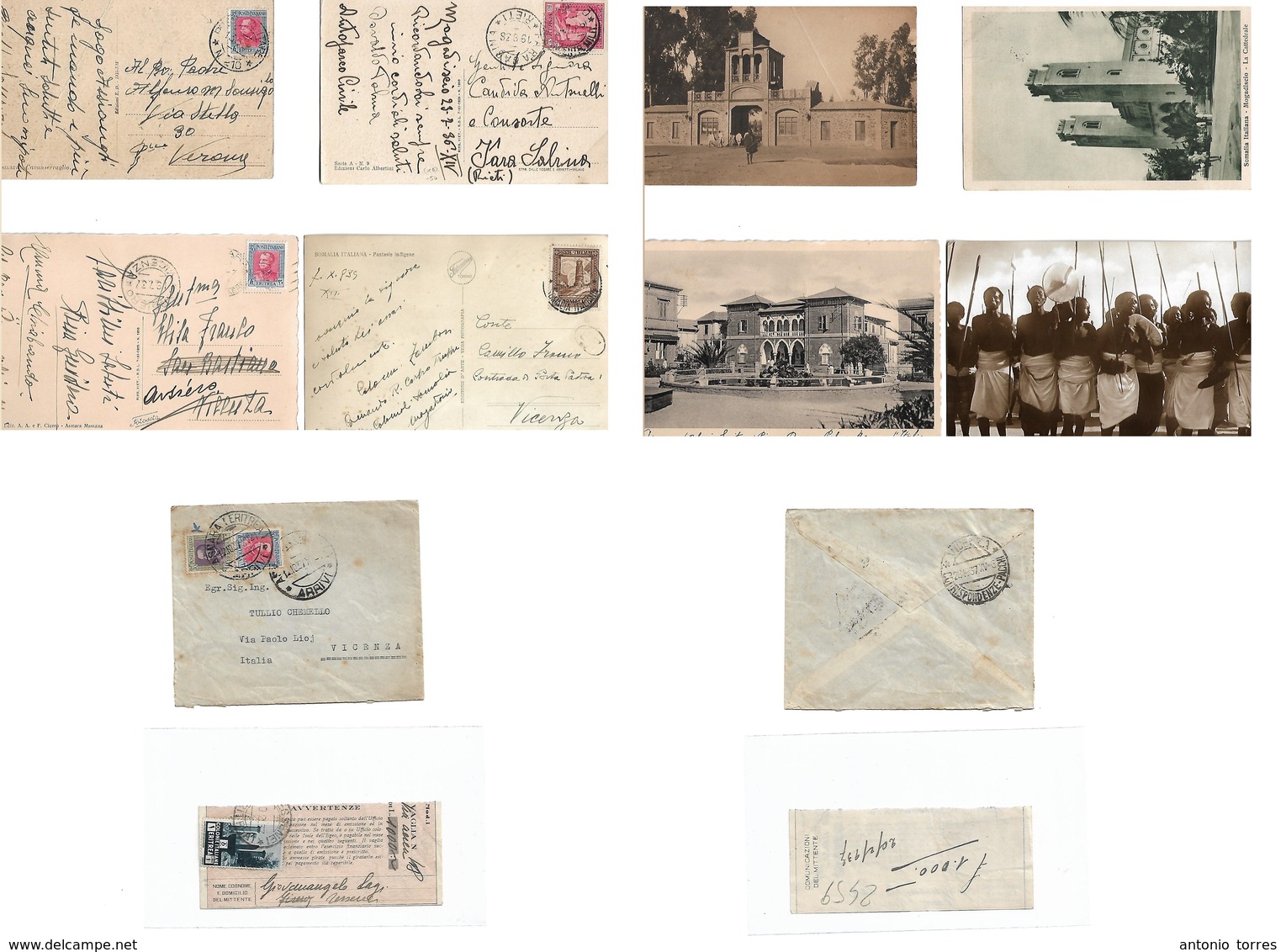 Libia. 1935-38. 6 Diff Fkd Ppcs / One Envelope, Diff Cachets, Incl Military Mail, Addressed To Italy. Opportunity. - Libië