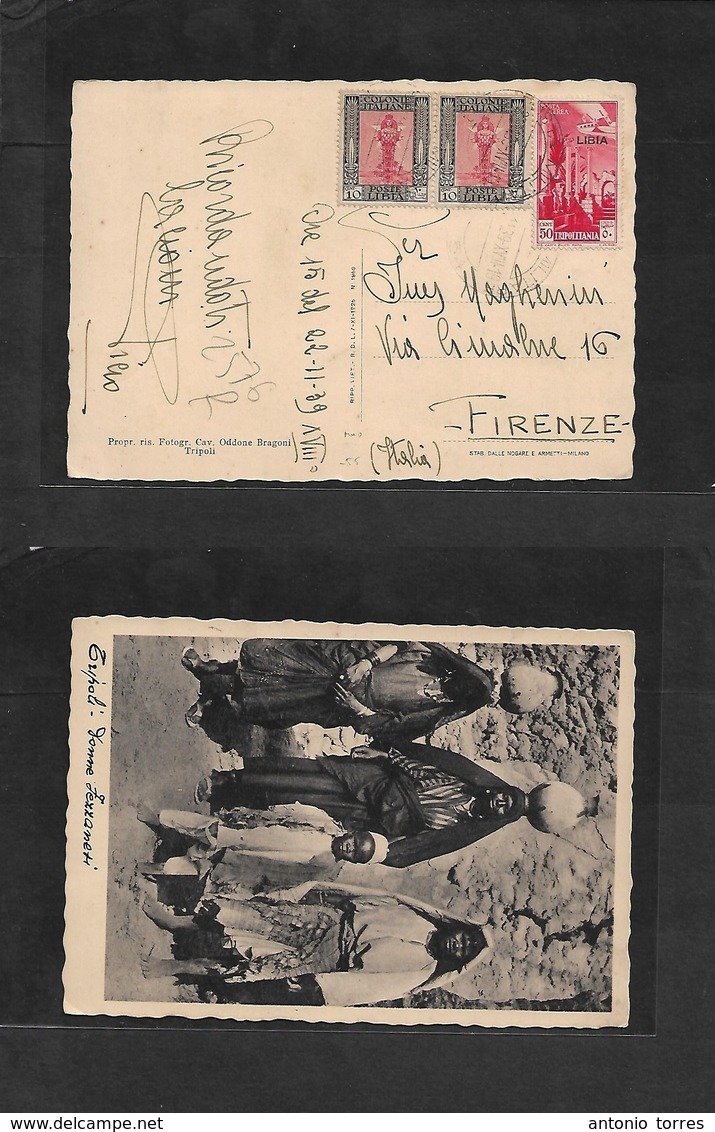 Libia. 1939 (22 Nov) Posta Militare / Nº 54. Tripoli - Firenze. Multifkd Ppc, Mixed Issues, Incl Tripolitania Ovptd Issu - Libia