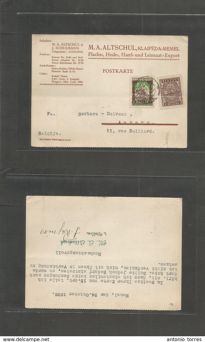 Lithuania. 1936 (24 Oct) Memel - Belgium, Anvers. Private Cº Fkd During Postal Admin Period, Tied Cd. VF. - Lithuania