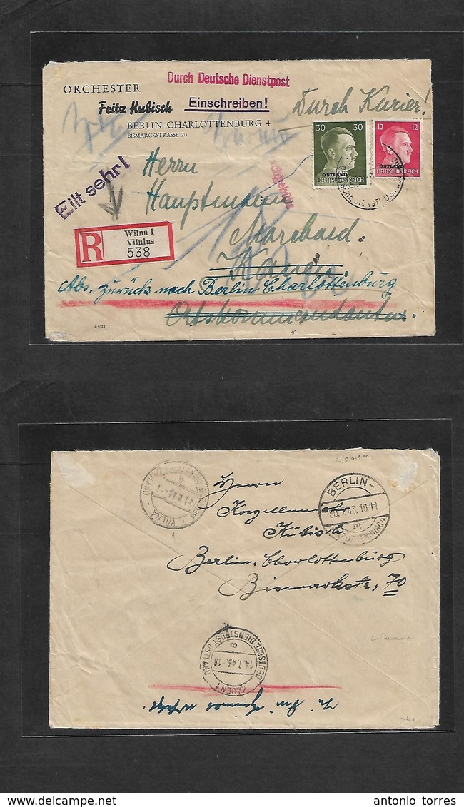 Lithuania. 1940 (2 July) Vilnius - Kauen (14 July) - Berlin (30 July) Ovptd Nazi Occup Issue. Registered Multifkd Env Tr - Lituanie