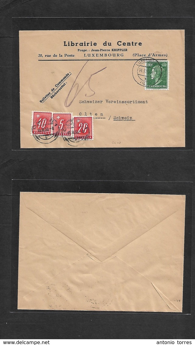Luxembourg. 1950 (14 March) Luxembourg - Switzerland, Olten. Fkd Books Bussiness Envelope + Taxed (x3) Swiss Postage Due - Autres & Non Classés