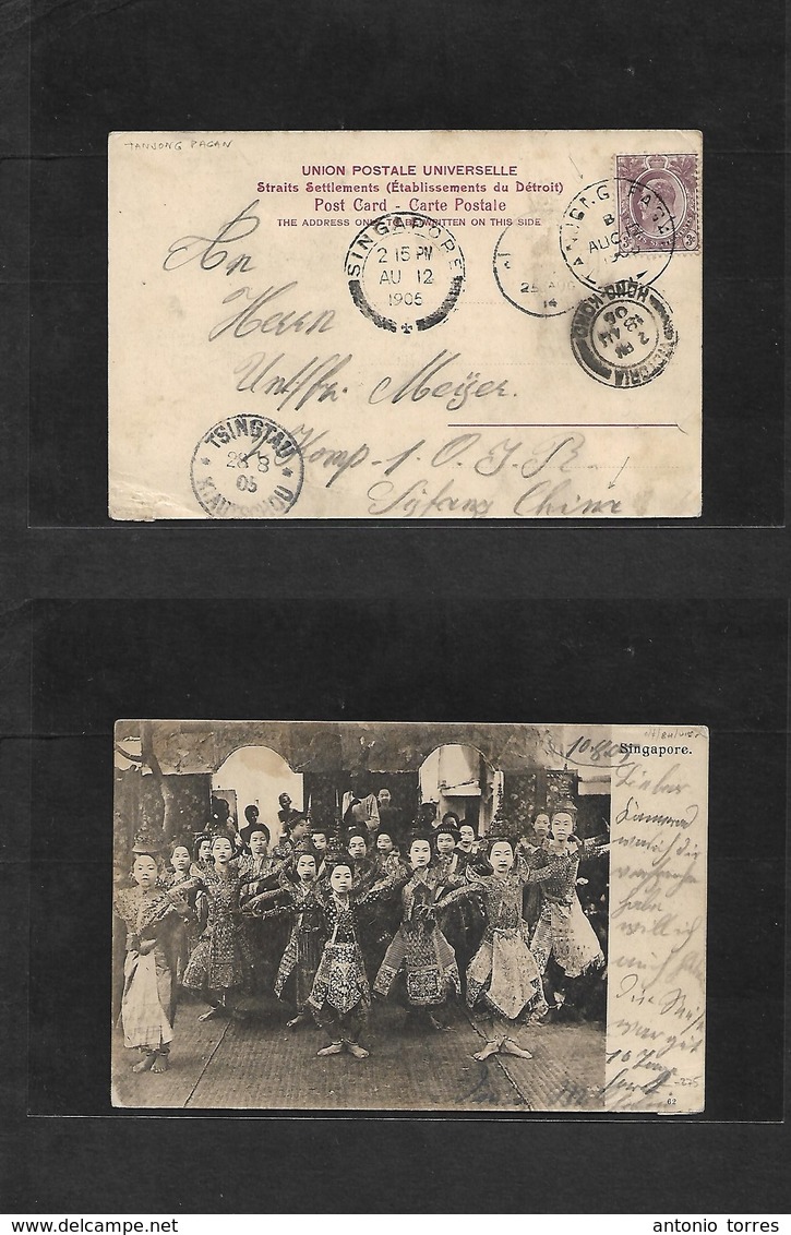 Malaysia. 1905 (12 Aug) TANJONG PAGAN - China, Tsingtau (28 Aug) German Military Mail. Fkd Ppc Via Singapore - Hong Kong - Maleisië (1964-...)