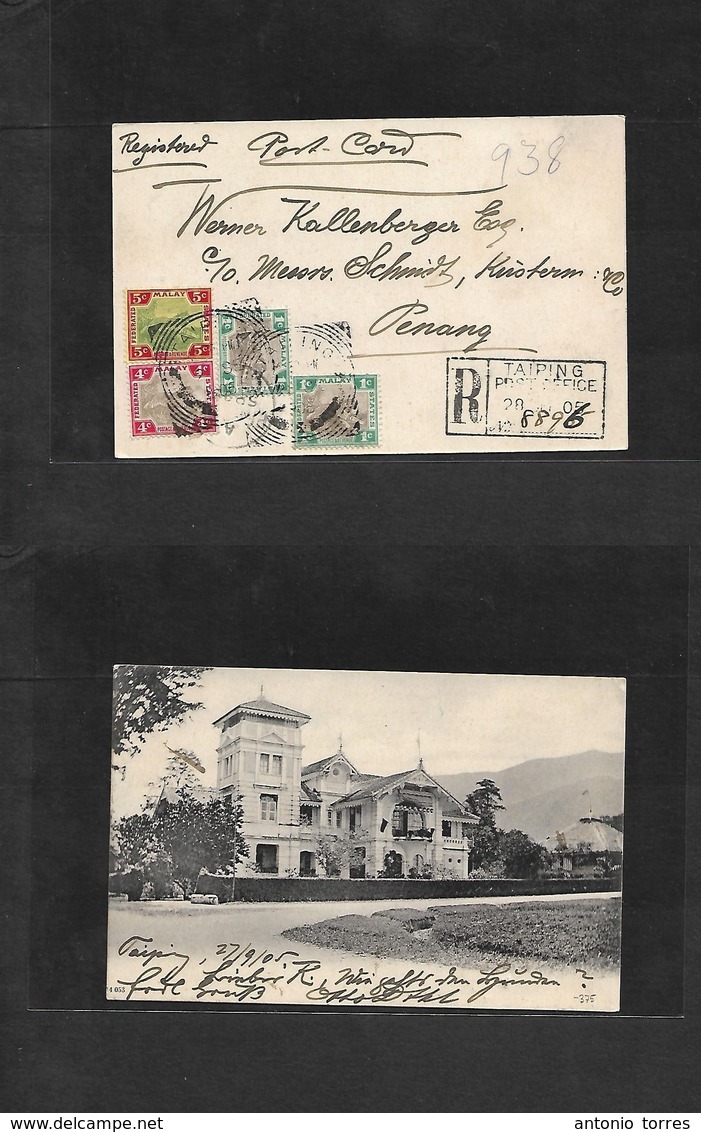 Malaysia. 1905 (27 Sept) Taiping - Penang. Registered Local Multifkd Ppc Card At 11c Postcard Rate, Tied Cds + R-cachet  - Maleisië (1964-...)