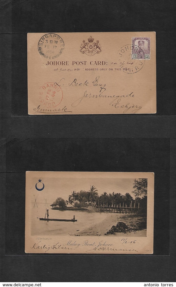 Malaysia. 1906 (17 Febr) Johore Bahru - Denmark, Esbiengo Via Singapore. Early Rare View Card Fkd 3c Tied Name Town Crow - Maleisië (1964-...)