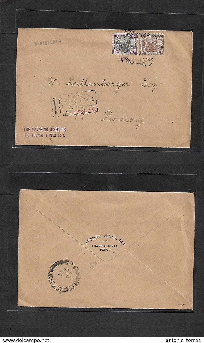 Malaysia. 1906 (10 Aug) Ipoh - Penang (13 Aug) Registered Comercial Multifkd Envelope. XF Fresh Condition. - Malaysia (1964-...)