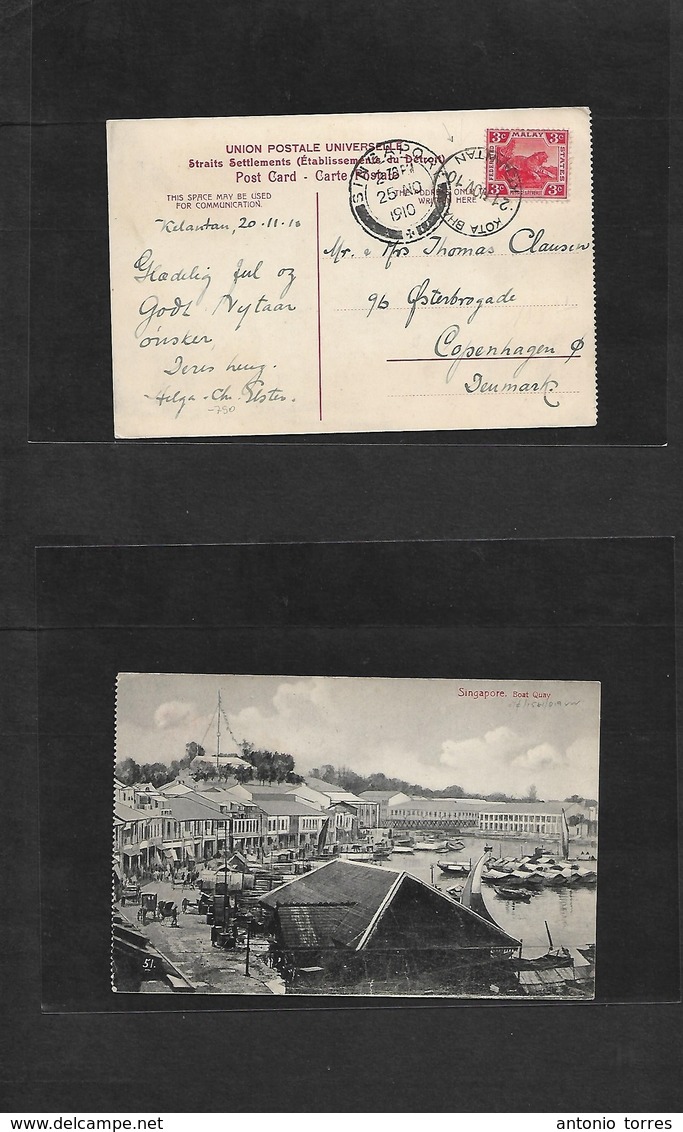 Malaysia. 1910 (20 Nov) Kelantan. Kota Bharu - Denmark, Copenhagen Via Singapore (25 Nov) Fkd Early Ppc, Neat Cds. VF. - Malaysia (1964-...)