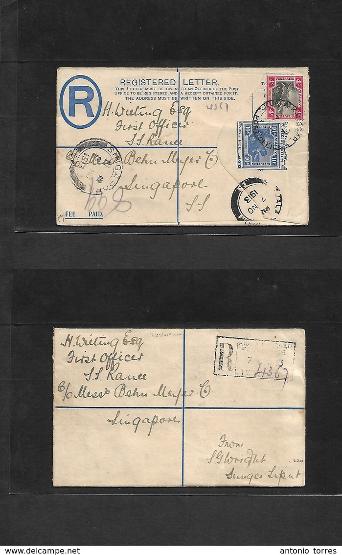 Malaysia. 1913 (7 Nov) KUALA KANGSAR - Singapore (8 Nov) Registered 10c Blue Stat Env + Adtl. XF Condition + R-cachet. - Malasia (1964-...)