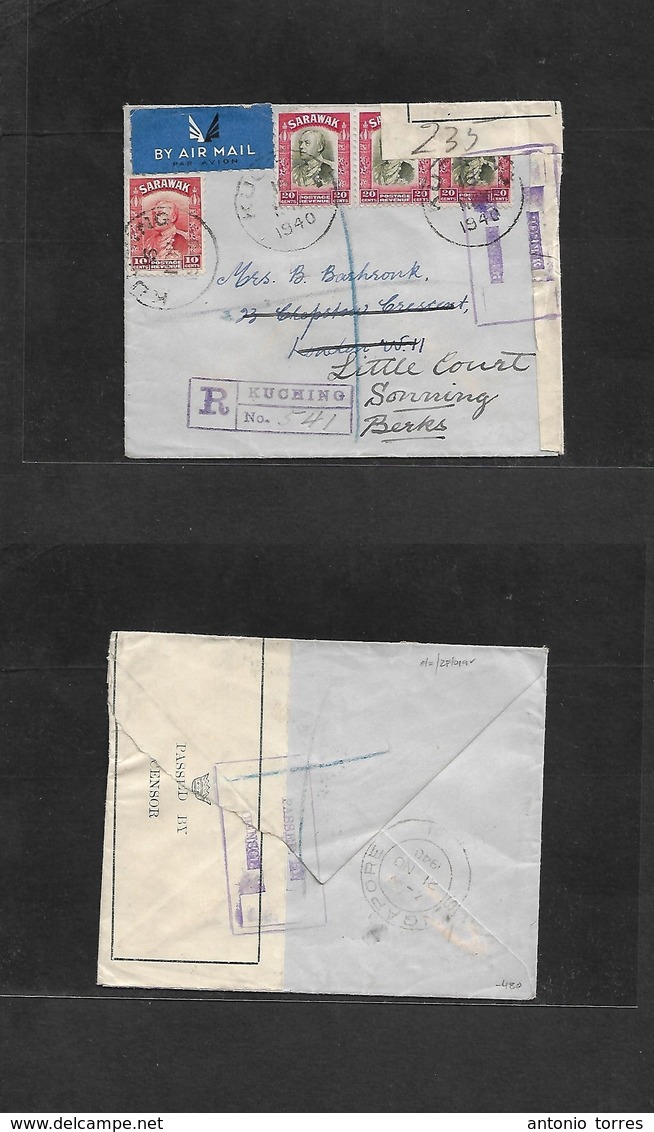 Malaysia. 1940 (16 Nov) SARAWAK. Kuching - UK, Berks, Sonning. Via Singapore (21 Nov) Registered Air Multifkd Envelope + - Maleisië (1964-...)