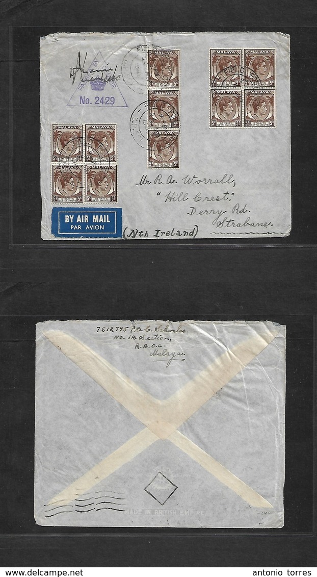 Malaysia. 1941 (24 March) WWII. FPO 501 - North Ireland, Strabane. Air Multifkd Envelope Incl (2x) Block Of Four VF And  - Maleisië (1964-...)