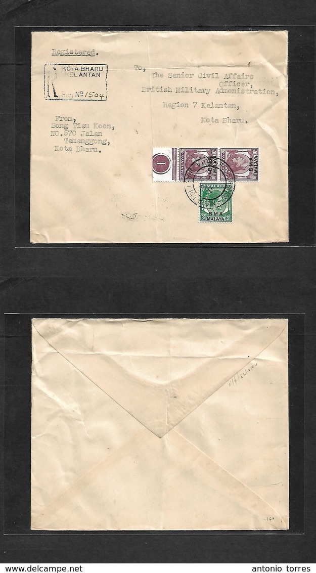 Malaysia. 1946 (26 Feb) BMA. Kota Bharn, Kelantan. British Military Administration. Registered Multifkd Envelope XF Fres - Malaysia (1964-...)