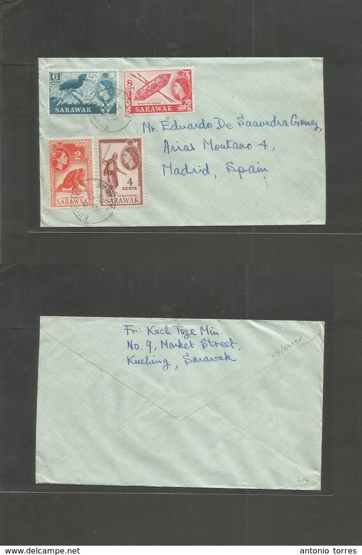 Malaysia. 1950 (10 Oct) Sarawak, Kuching - Spain, Madrid. Multifkd Env. Rare Dest. - Maleisië (1964-...)