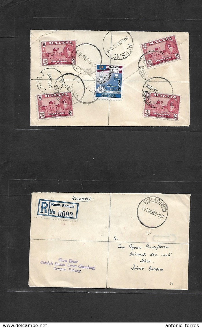 Malaysia. 1959 (12 Feb) Kuala Rompin - Johore, Bahru (14 Feb) Reverse Registered Multifkd Envelope + Transits. VF. - Malaysia (1964-...)