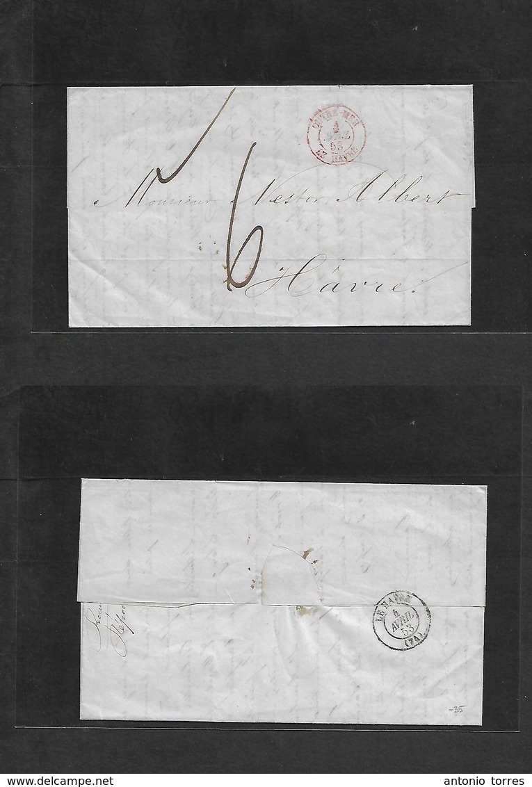 Mexico - Stampless. 1853 (15 Febr) Veracruz - France, Havre (4 Apr) Stampless EL French Red Entry "Outre Mer / Le Havre" - Mexique