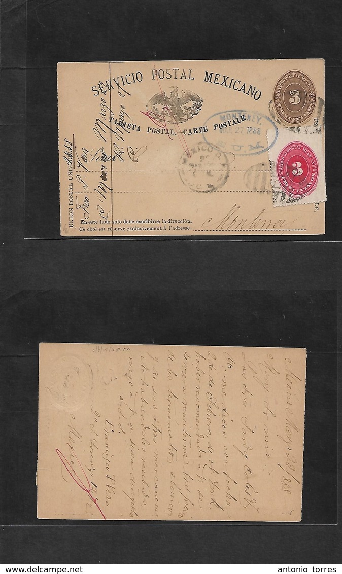 Mexico - Stationery. 1888 (22 March) DF - Monterrey (27 Mar) 3c Brown Stat Card + 3c Adtl. Fine. - Mexique