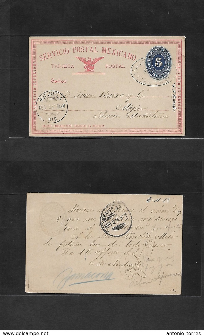 Mexico - Stationery. 1894 (8 Abril) Huejutla, Hidalgo - DF. 5c Blue /red Large Medalion Stat Card. Fine. - Mexiko