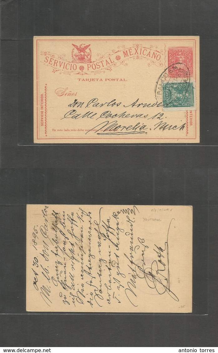 Mexico - Stationery. 1895 (30 Oct) Yautopec - Morelia, Michoacan. 2c Red SPM Stat Card + Adtl. Militar Issue. Fine. - Mexico