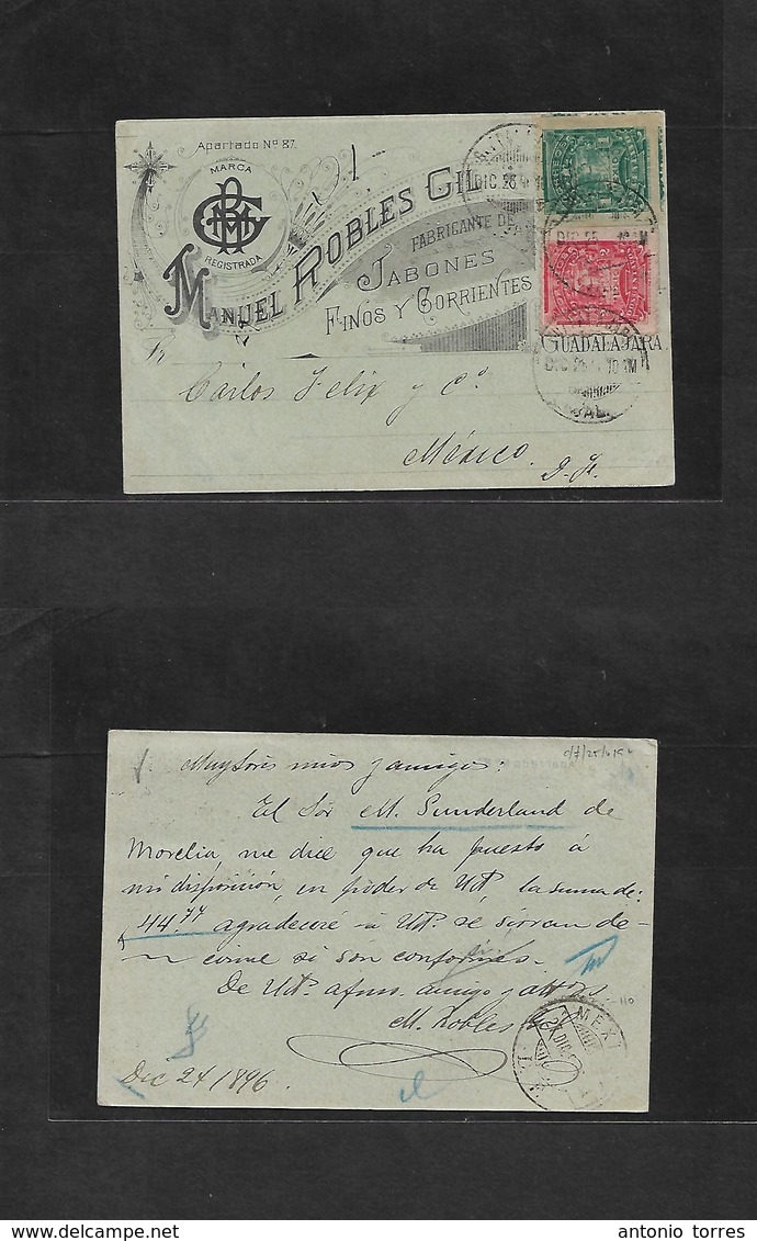 Mexico. 1896 (Dic 26) Guadalajara, Jal - DF. Private Illustrated Comercial Card / Jabones M. Robles. Fkd Card 1c + 2c Mi - Mexique