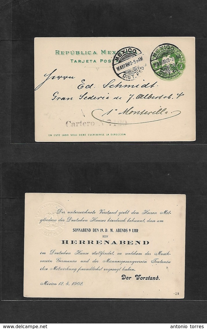 Mexico - Stationery. 1902 (16 Apr) DF - Monterilla. 1c Green Embossed Seal Stat Card, Cds + "Cartero Nº120" Private Prin - Mexique