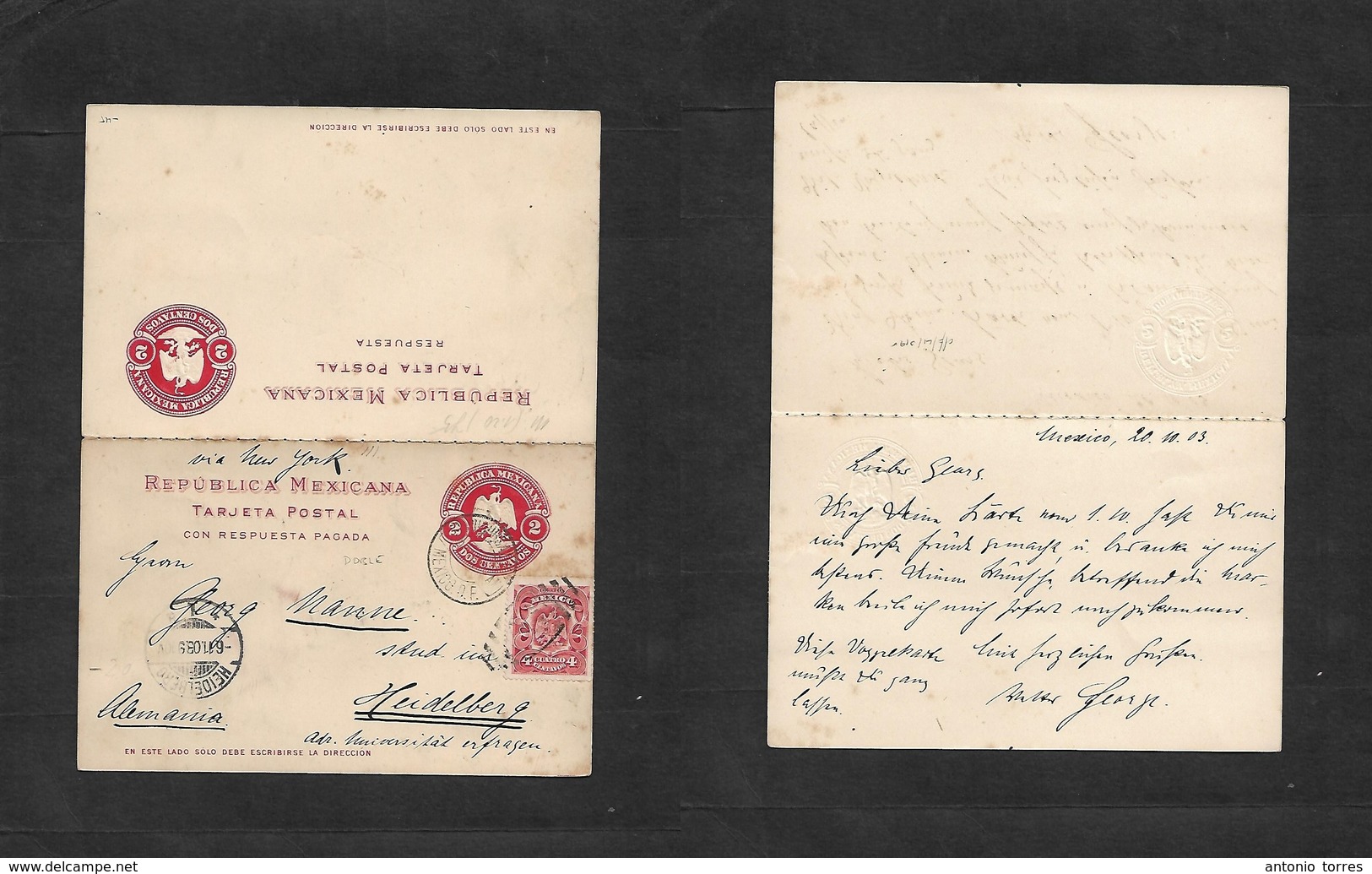 Mexico - Stationery. 1903 (20 Oct) DF - Germany (6 Nov), Heidelberg 2c Red Eagle Embossed Doble Stat Card + 4c Adtl On W - Mexico