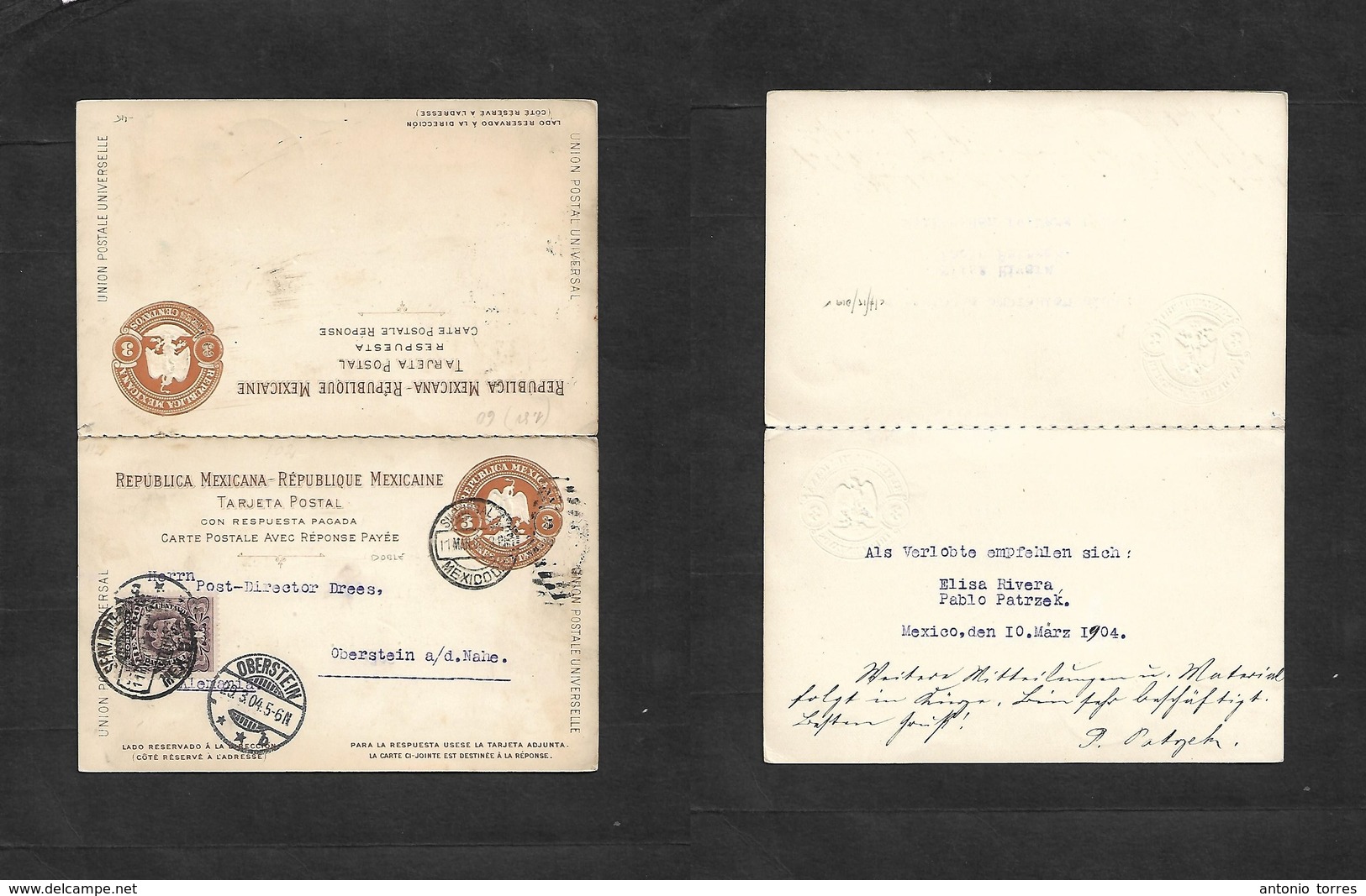 Mexico - Stationery. 1904 (11 March) DF - Germany, Oberstein (29 March) 3c Brown Embossed Eagle Doble Stat Card + Adtls, - Mexique
