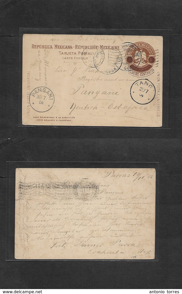 Mexico - Stationery. 1904 (14 June) Parral, Coah - German East Africa, PANGANI (30 July) Via USA - TANGA. 4c Brown Stat  - Mexico