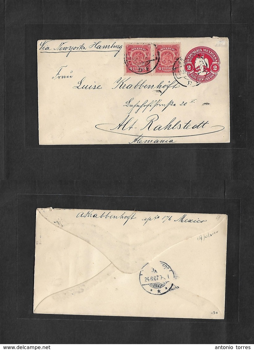 Mexico - Stationery. 1907 (11 June) DF - Germany, Alt Ratilstedt (24 June). 2c Red Eagle Embossed Stat Env + 2 Adtls 4c  - Mexique