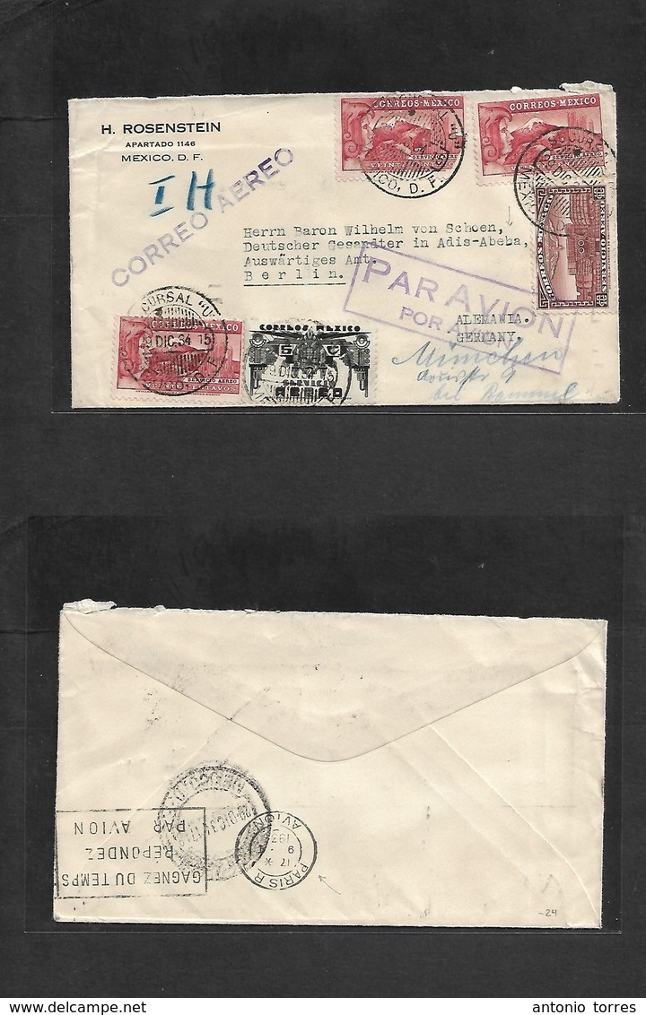 Mexico - Xx. 1934 (29 Dic) DF - Germany, Berlin. Air Multifkd Env. Via French Mail, Paris (9 Jan 35) - Mexico