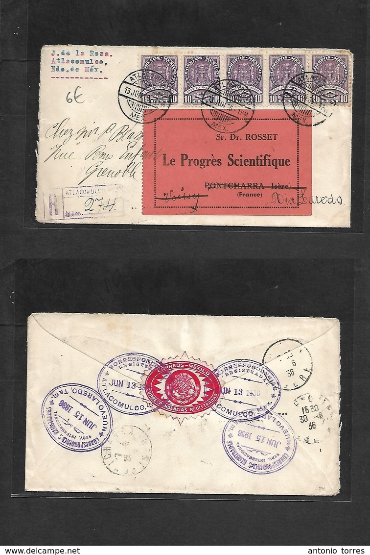 Mexico - Xx. 1936 (13 June) Atlacomulco - France,, Grenoble (30 June) Via Laredo. Registered Multifkd Env. R-cachet Lila - Mexique
