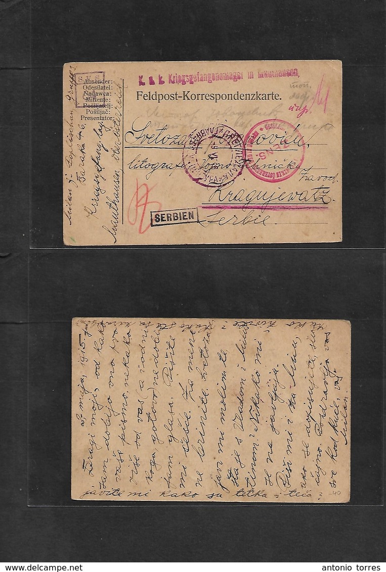 Military Mail. 1915 (2 May) Serbia POW Internee At Mauthausen East Austria. Free Card With Cachets And Censor. Small "SE - Militaire Post (PM)