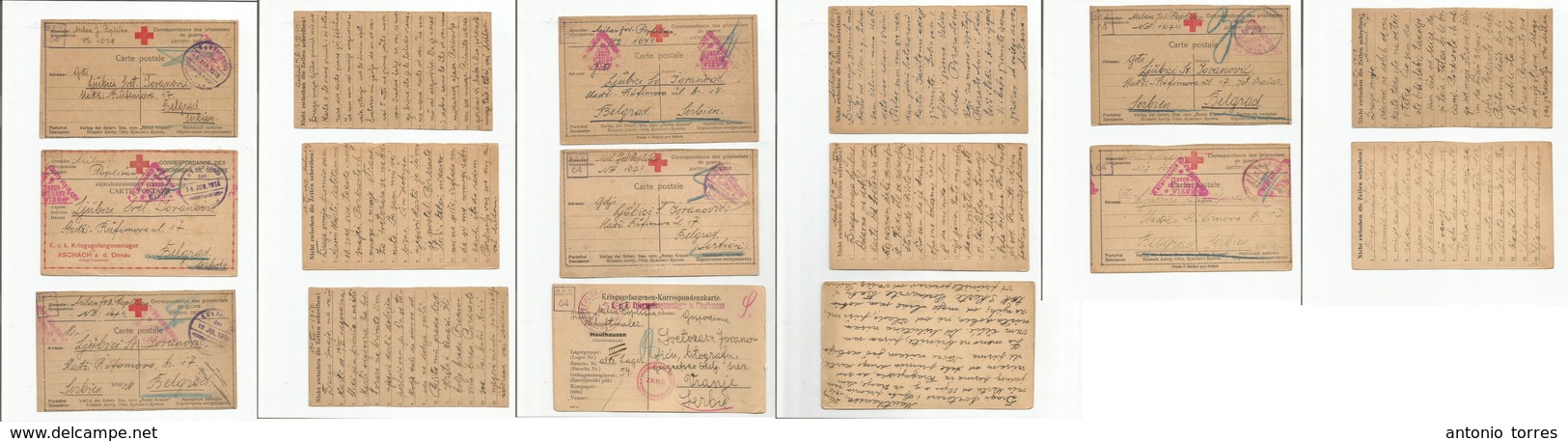 Military Mail. 1915-18. Serbian POW In Austrian Empire. Seven Diff Red Cross Items, With Cachets And Censor Marks. Addre - Military Mail (PM)