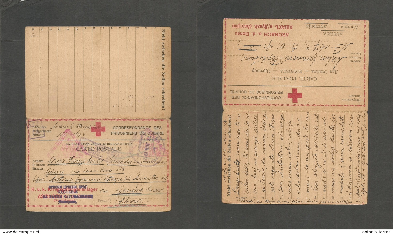 Military Mail. 1918 (17 June) Serbia - Red Cross - Switzerland - POW In Austria Empire. Aschach, Donan - Via Switzerland - Military Mail (PM)