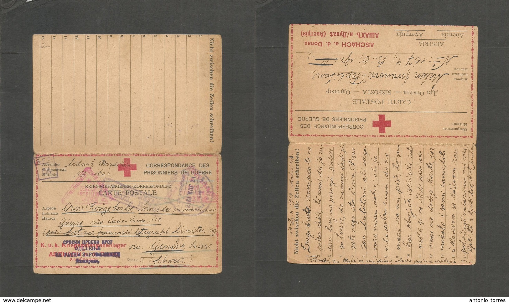 Military Mail. 1918 (17 June) Serbia - Red Cross - Switzerland - POW In Austria Empire. Aschach, Donan - Via Switzerland - Militaire Post (PM)