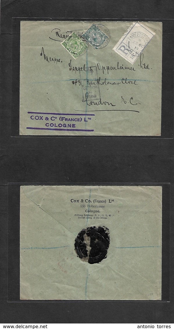 Military Mail. 1919 (23 Oct) WWI. British Army In Germany, Cologne. Fkd Registered Envelope To London, UK. Nr. 18 Tied R - Military Mail (PM)