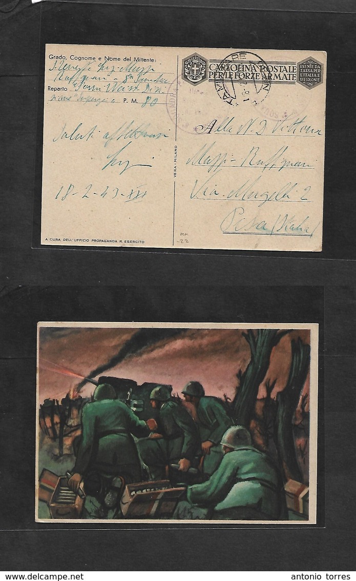 Military Mail. 1943 (8 Feb) Italian Military Post Nº80. FM Squadra Violet Cachets. Addressed To Pisa, Italy. Military Ca - Militaire Post (PM)