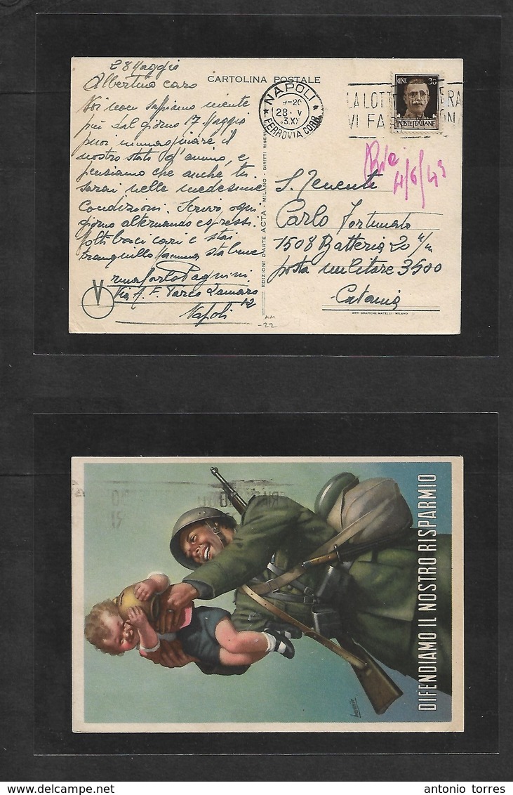 Military Mail. 1943 (28 May) ITALY, Military Color Propaganda Ppc. Fkd Card Napoli - Catania. - Military Mail (PM)