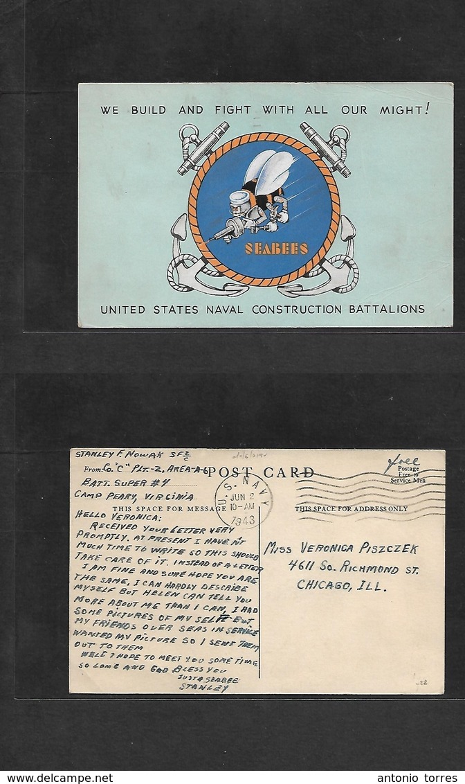 Military Mail. 1943 (June 2) WWII Patriotic US Naval Construction Battalions, Color Ppc. Local FM Usage. Virginia, Camp  - Poste Militaire (PM)