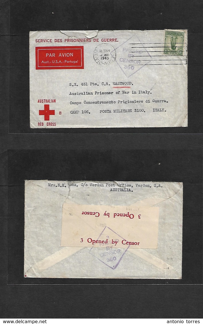 Military Mail. 1943 (11 Aug) AUSTRALIA - ITALY, WWII. POW In Camp 106. Red Cross Fkd Env. Very Scarce. - Military Mail (PM)