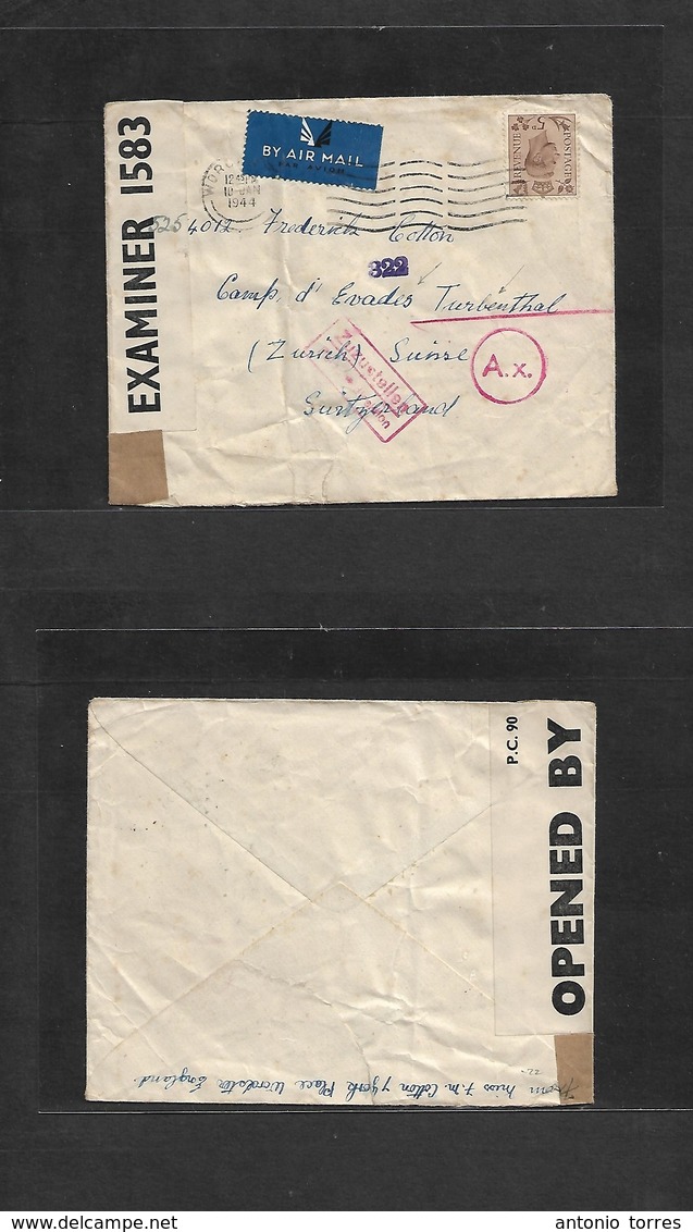 Military Mail. 1944 (10 Jan) POW Internees Camp In Switzerland. UK, Worcester - Switzerland, Zurich. Camp D'evades Turbe - Militaire Post (PM)