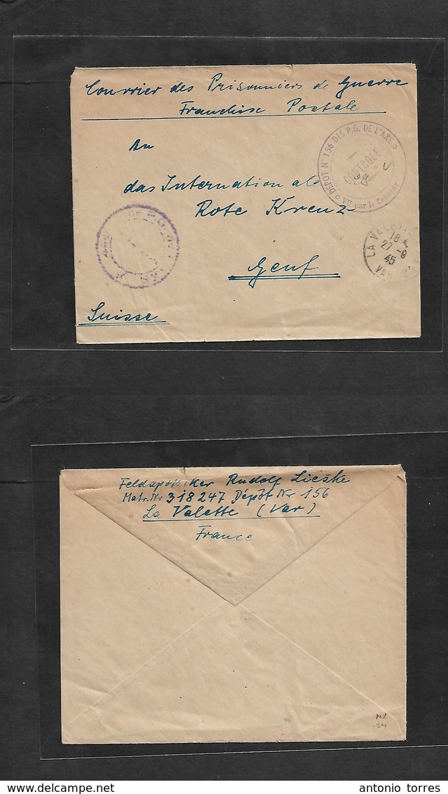 Military Mail. 1945 (27 Aug) WWII. POW Mail. France - Red Cross, Geneve, Switz. La Valette, Var Rudolf Lieske. Free Fran - Military Mail (PM)