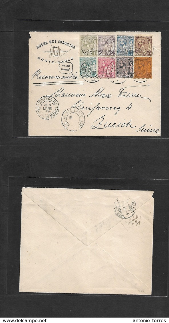 Monaco. 1899 (6 March) Montecarlo - Switzerland, Zurich (7 March) Registered Hotel Illustrated Multifkd Envelope (8 Vals - Other & Unclassified