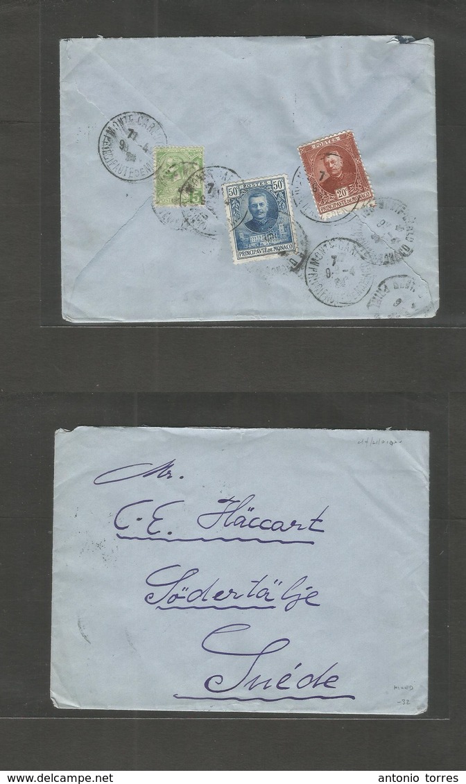 Monaco. 1924 (9 Apr) GPO - Sweden, Sodertalje. Reverse Multifkd + Mixed Issues Envelope. Scarce. - Autres & Non Classés