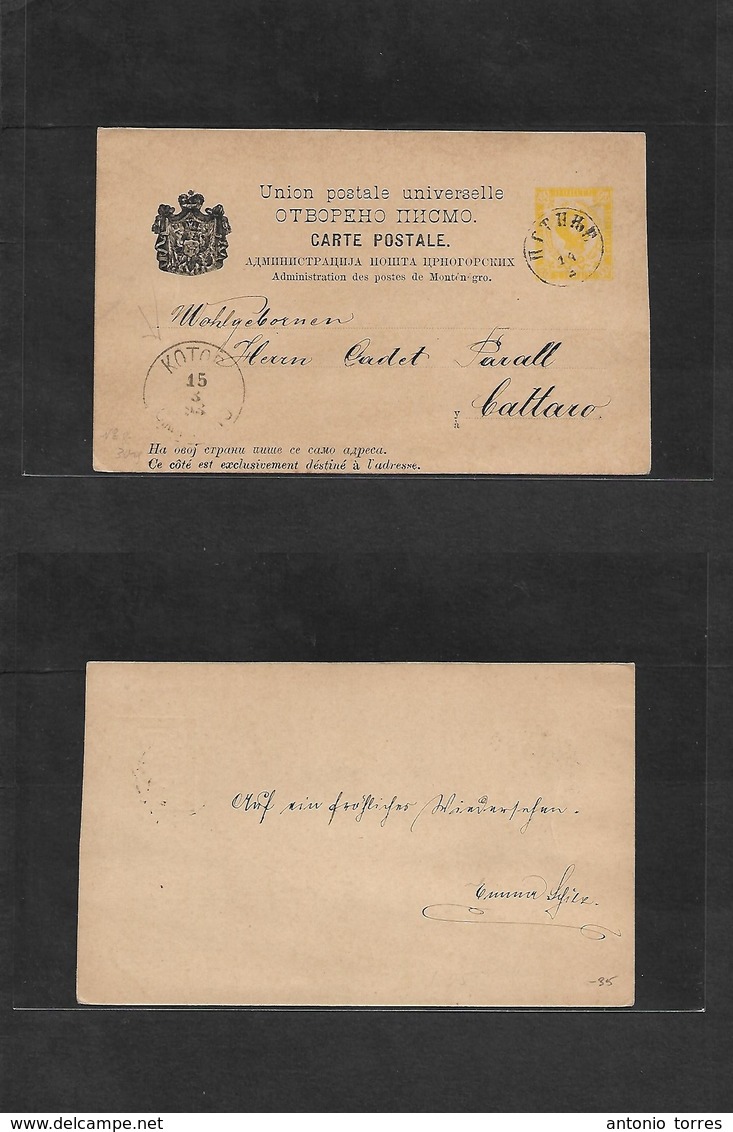 Montenegro. 1893 (14 March) Cettinje - Cattaro (15 March) Local 3p Yellow Stat Card With Message + Arrival Cachet. - Montenegro