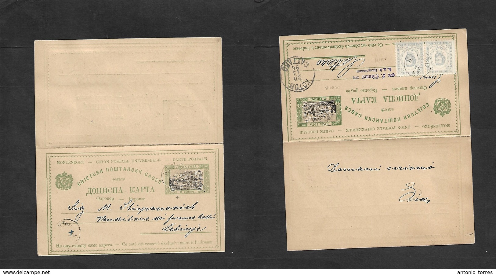 Montenegro. 1896 (20 Dec) Cettinje - Cattaro. The Scarce 2p Bicolor + 2 Adtls, Tied Cds. DOBLE Stationary Card Used On W - Montenegro