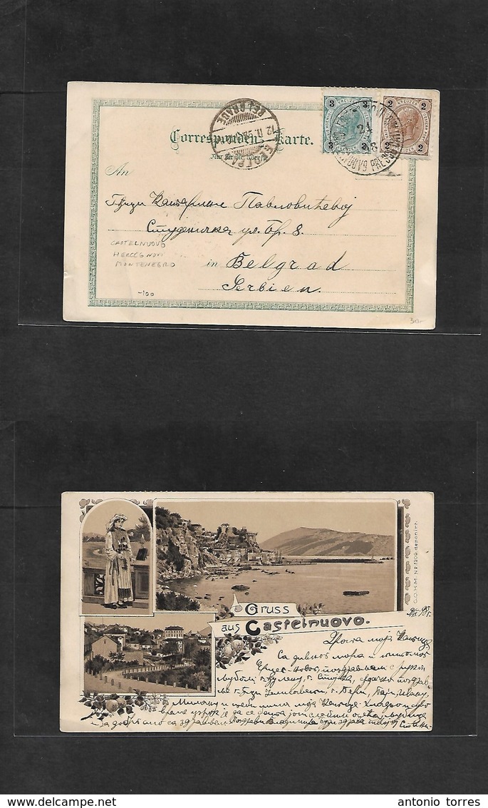 Montenegro. 1898 (21 Feb) Austria Postal Admin. Herceg Novi, Castelnuovo - Serbia, Belgrade (12 Feb, Gregorian) Fkd View - Montenegro