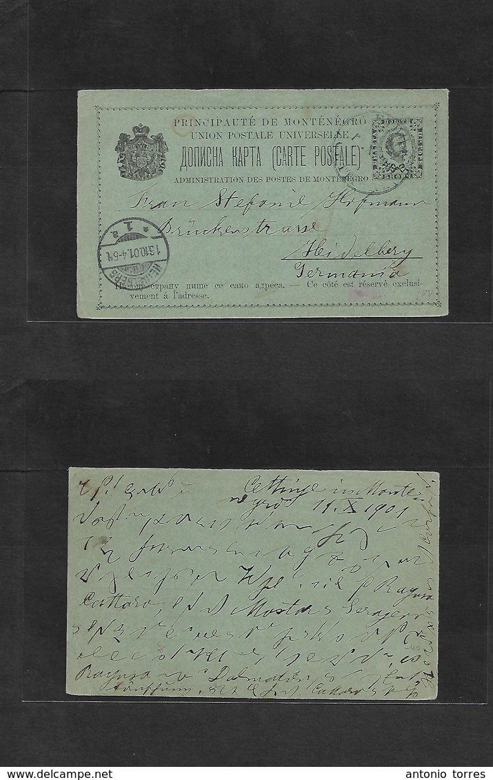 Montenegro. 1901 (11 Oct) Cettinje - Germany, Heidelberg (16 Oct) 5p Black / Greenish Stat Card. Fine Family Corresponda - Montenegro